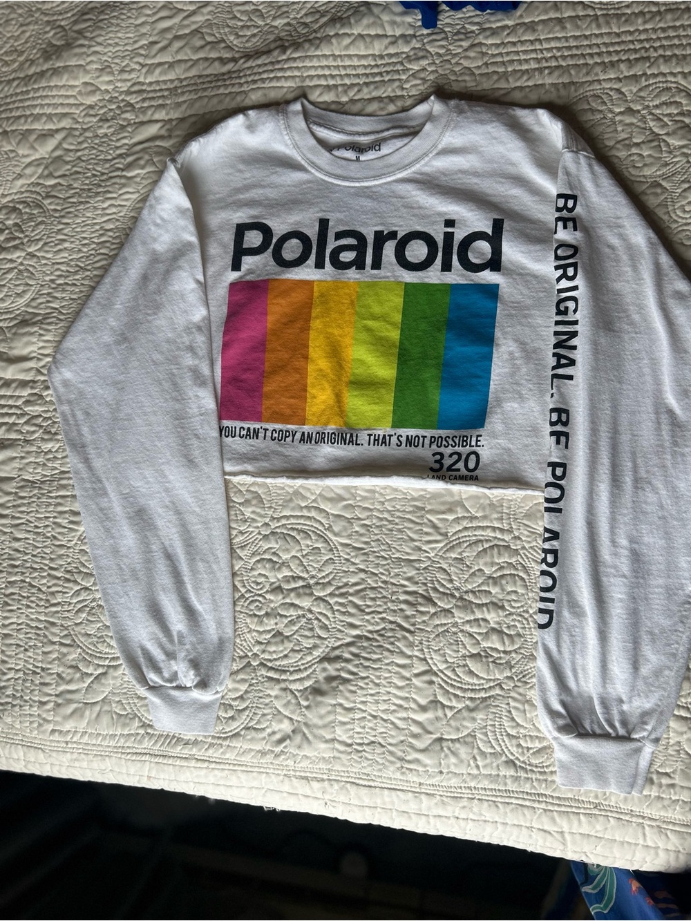 Polaroid White Cropped Long-Sleeve Top with Rainbow Stripes